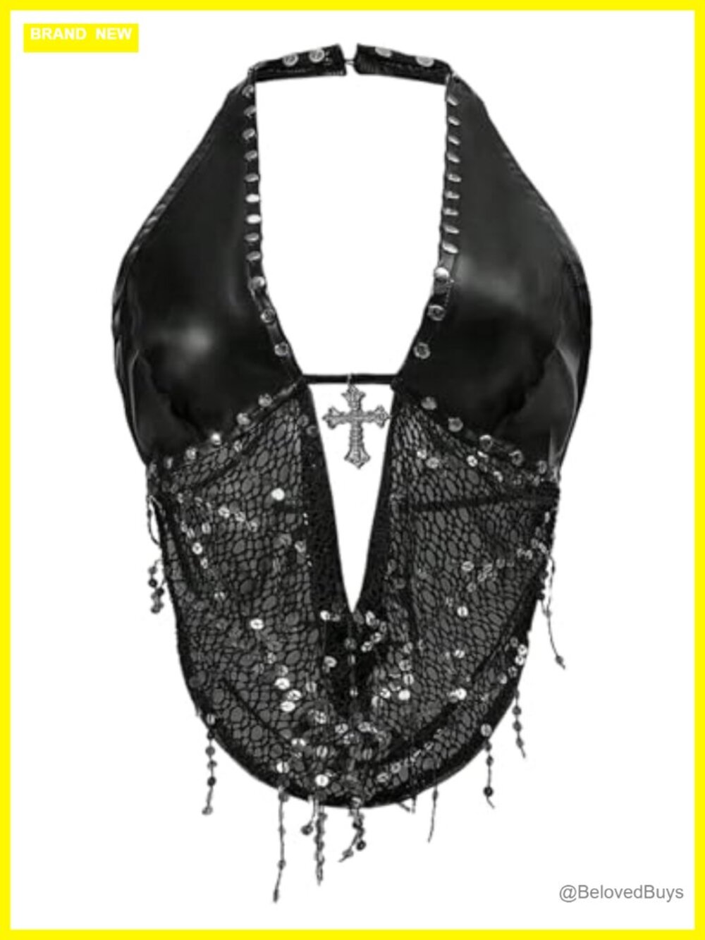Plus Size Faux Leather Halter Top Sequin Tie Backless Rave Clubwear